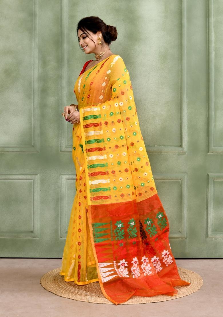 Yellow Jamdani Cotton Saree - Indya