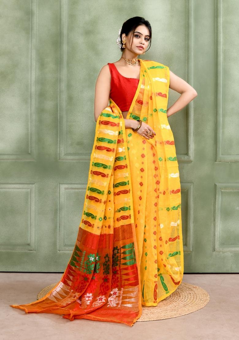 Yellow Jamdani Cotton Saree - Indya