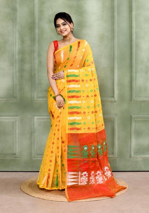 Yellow Jamdani Cotton Saree