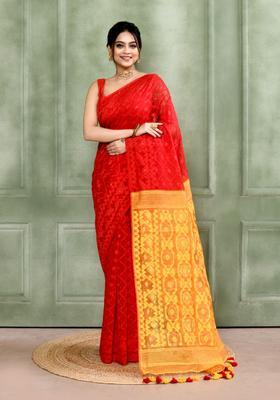 Red Jamdani Cotton Saree
