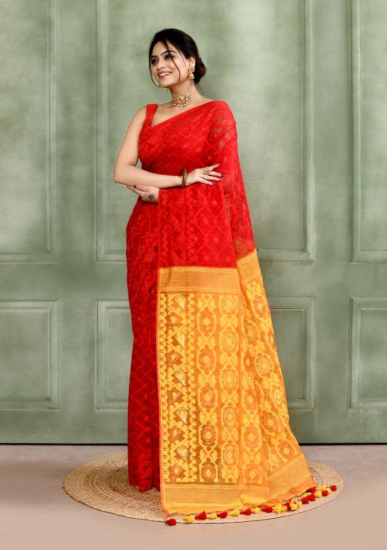 Red Jamdani Cotton Saree - Indya