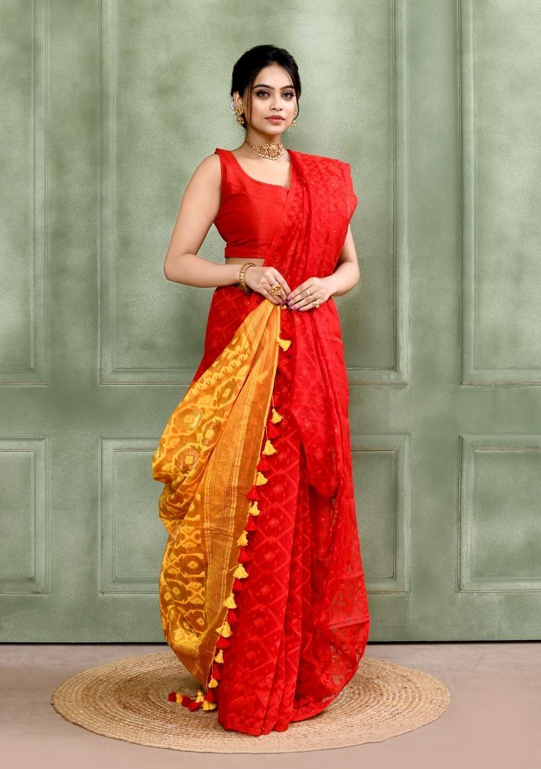 Red Jamdani Cotton Saree - Indya