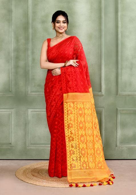 Red Jamdani Cotton Saree
