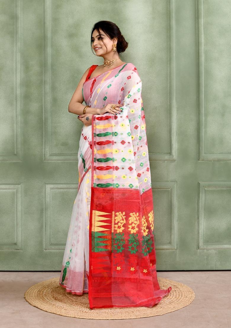 White Jamdani Cotton Saree - Indya
