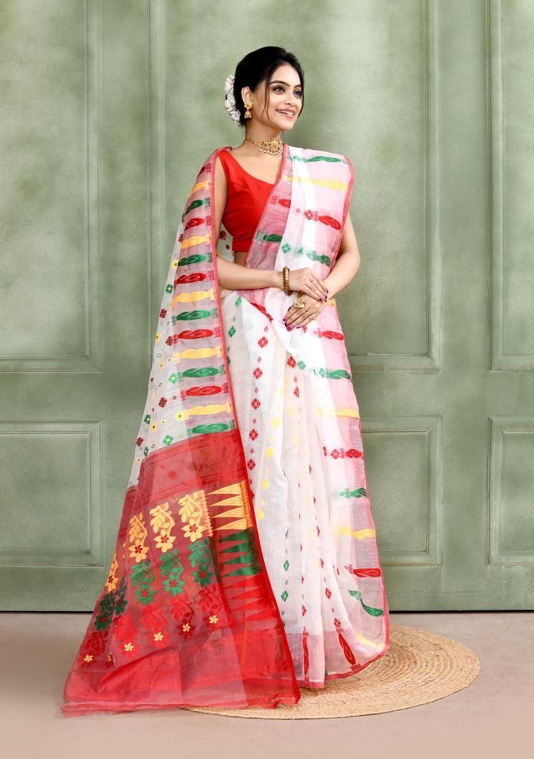 White Jamdani Cotton Saree - Indya