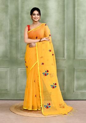 Yellow Embroidery Cotton Saree Set