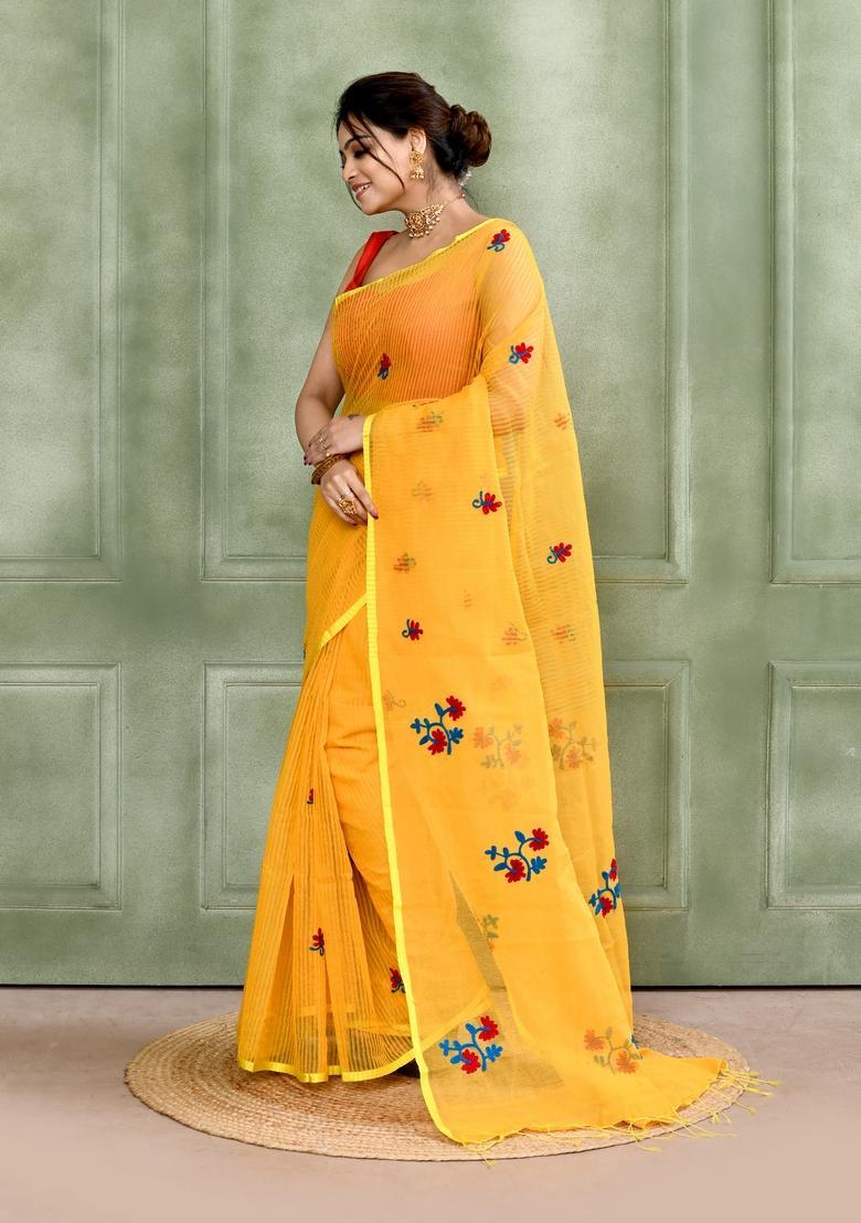 Yellow Embroidery Cotton Saree Set - Indya