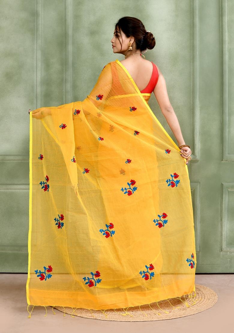Yellow Embroidery Cotton Saree Set - Indya