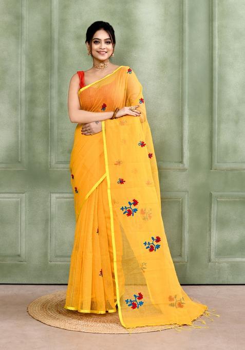 Yellow Embroidery Cotton Saree Set