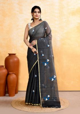 Grey Embroidery Cotton Saree Set