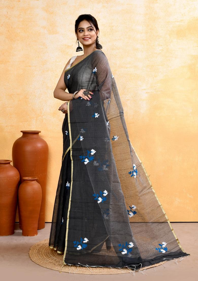 Grey Embroidery Cotton Saree Set - Indya