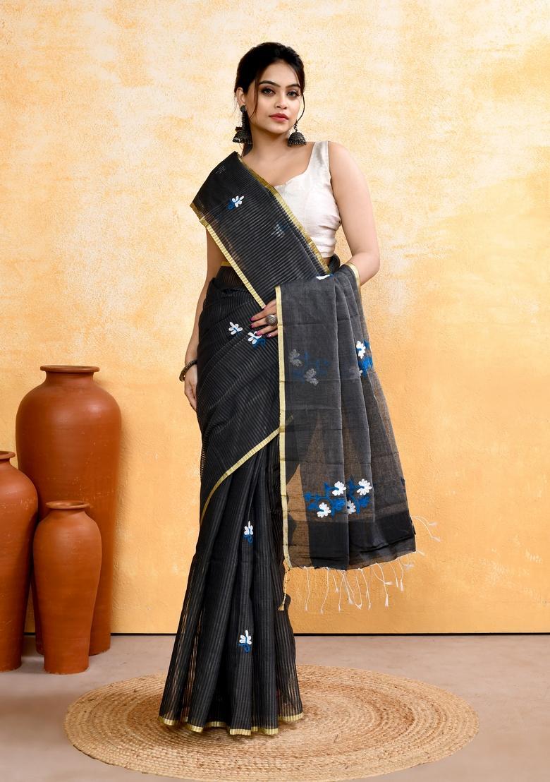 Grey Embroidery Cotton Saree Set - Indya