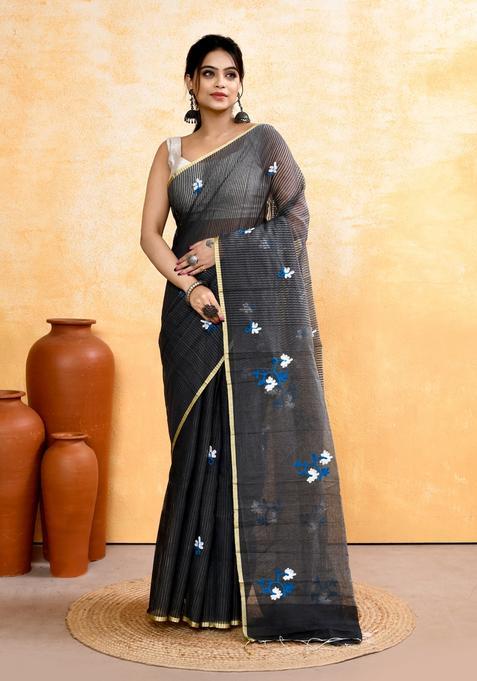 Grey Embroidery Cotton Saree Set