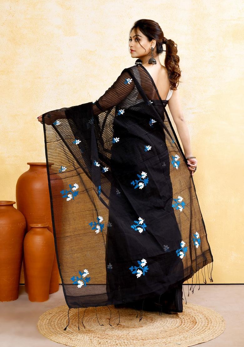 Black Embroidery Cotton Saree Set - Indya