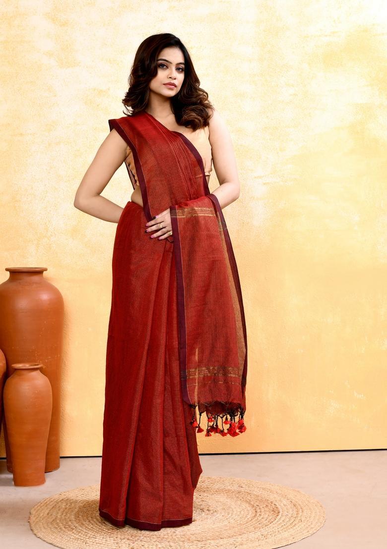 Maroon Handloom Tissue Saree Set - Indya
