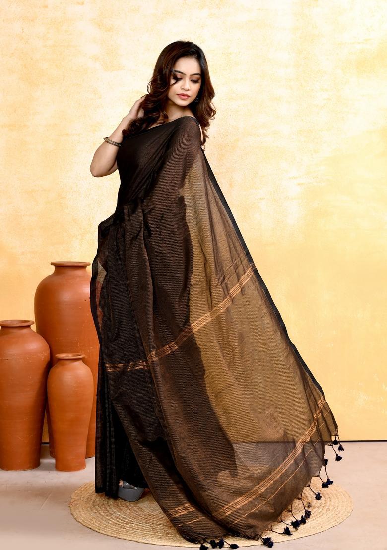 Black Handloom Tissue Saree Set - Indya