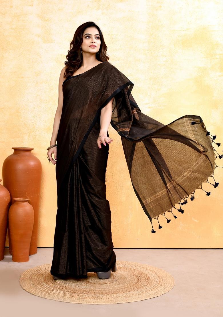 Black Handloom Tissue Saree Set - Indya