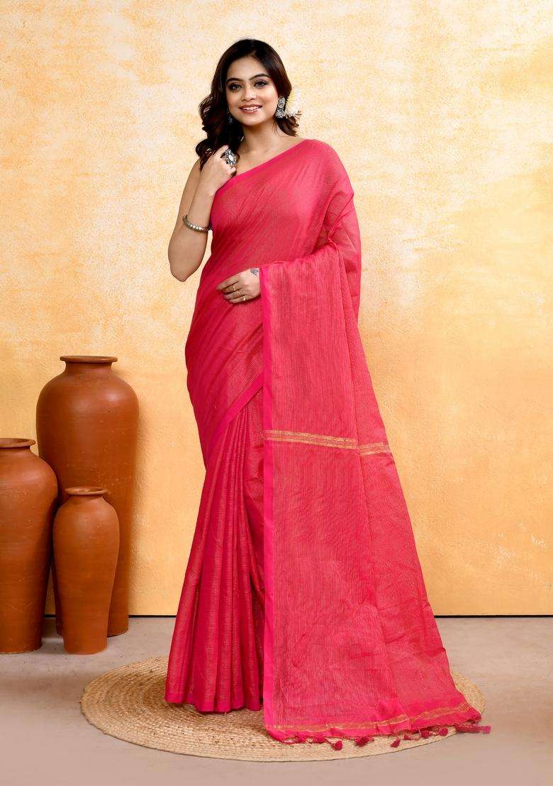 Rani Pink Handloom Tissue Saree Set for Diwali | Wedding & Festive Wear - Indya