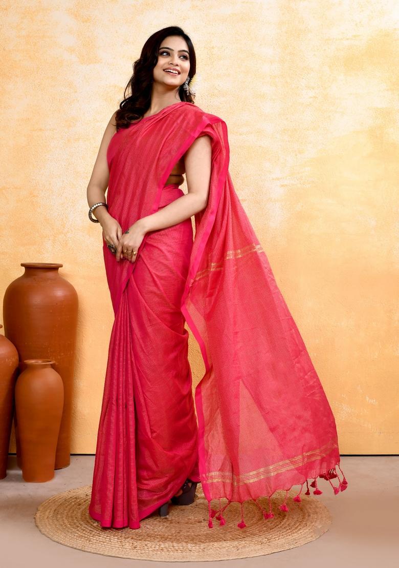 Rani Pink Handloom Tissue Saree Set - Indya