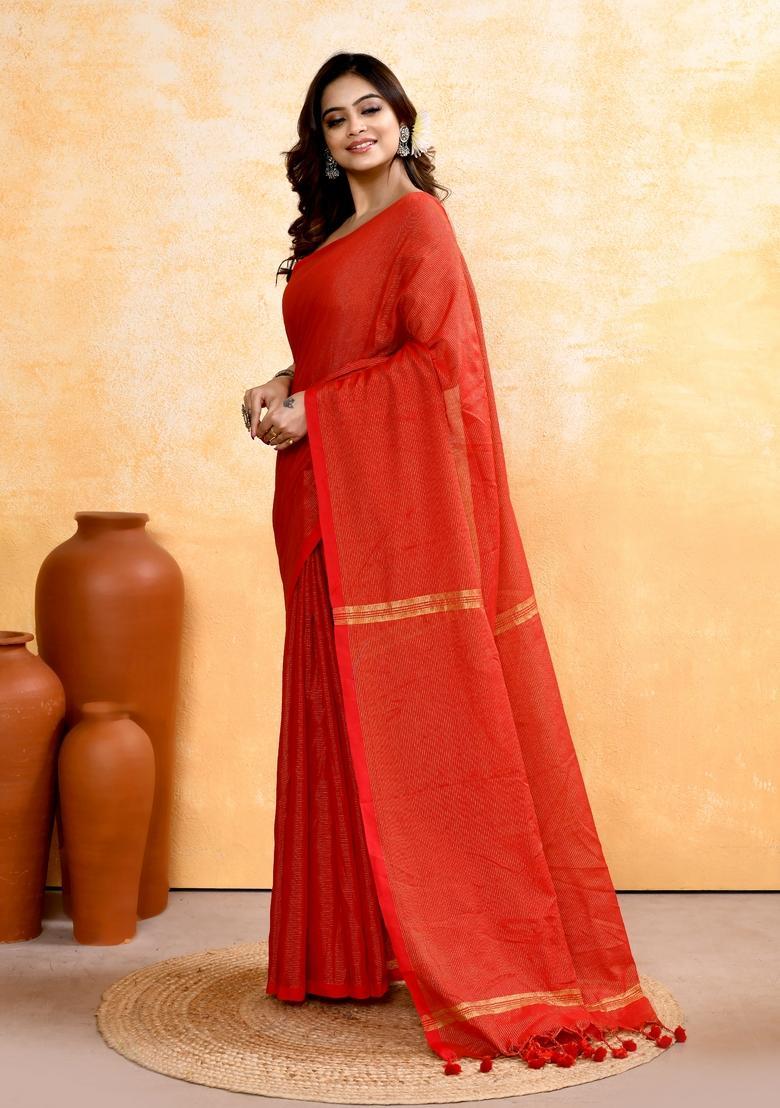 Red Handloom Tissue Saree Set - Indya