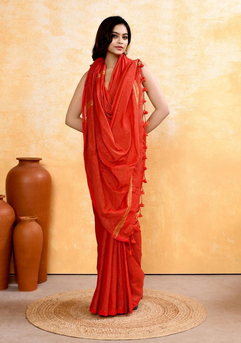 Red Handloom Tissue Saree Set - Indya