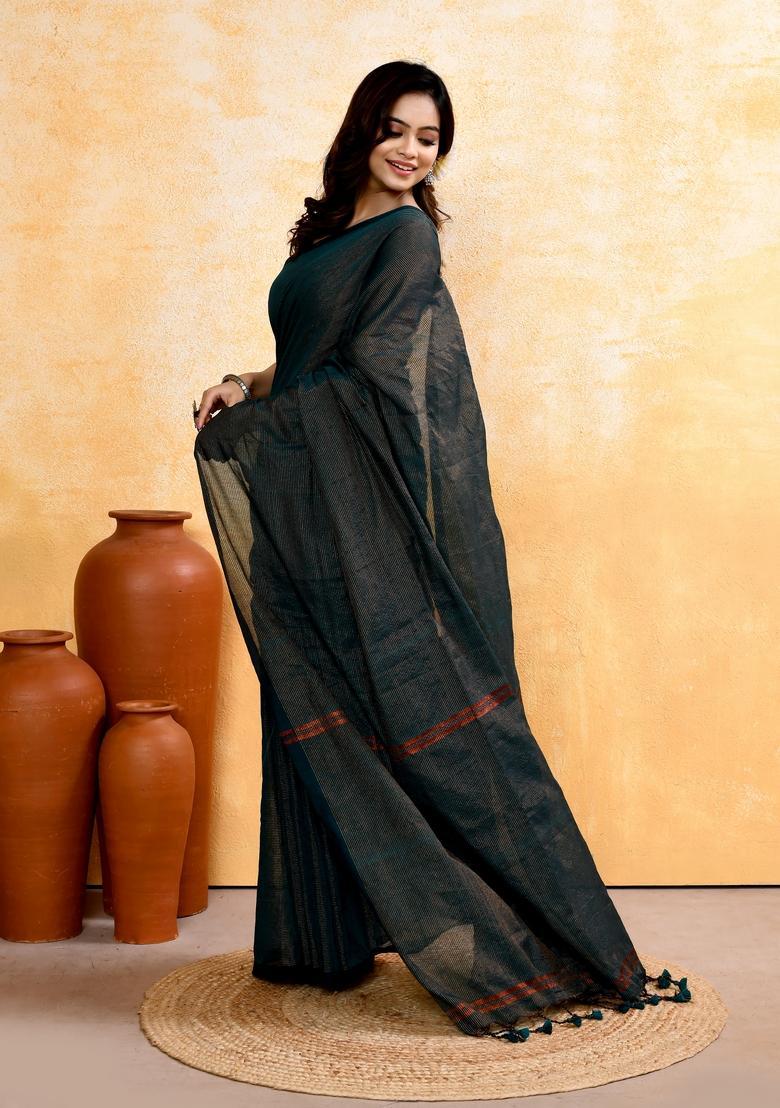 Green Handloom Tissue Saree Set - Indya