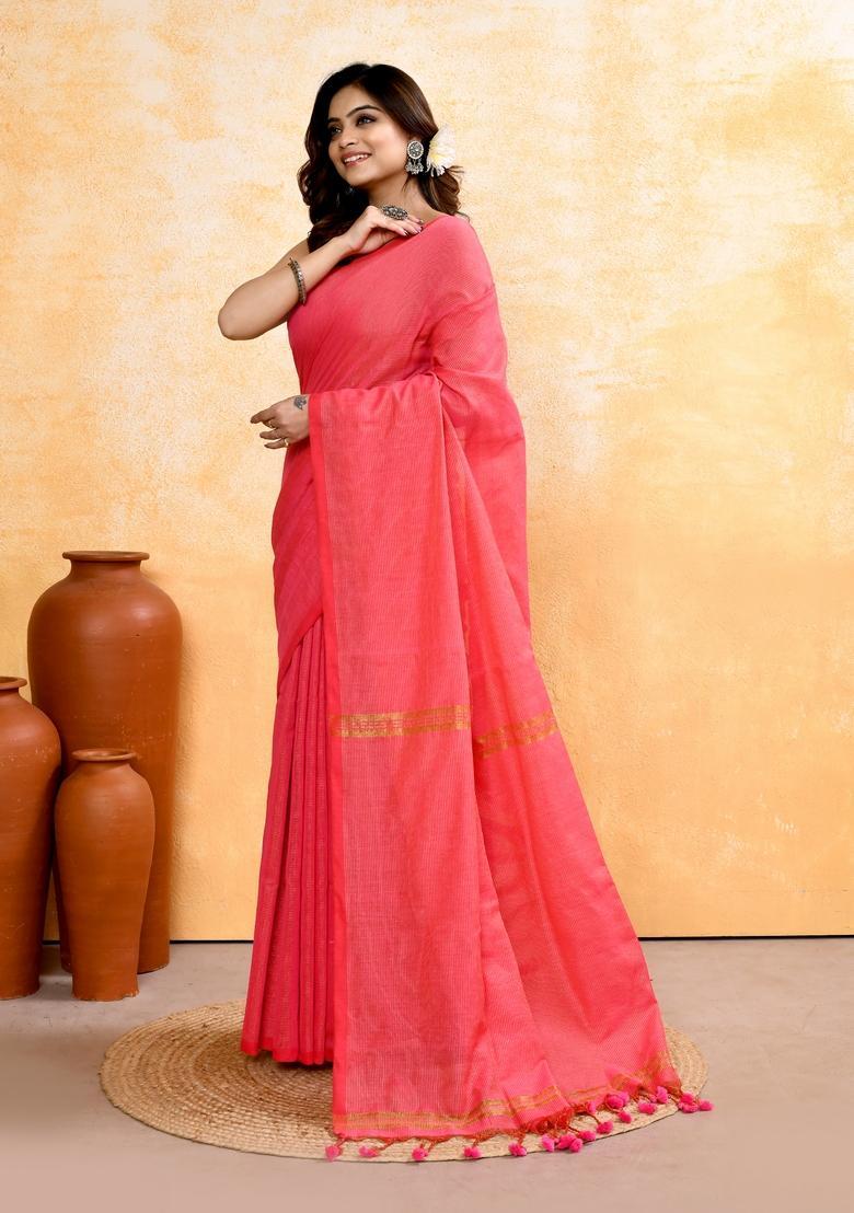Pink Handloom Tissue Saree Set - Indya