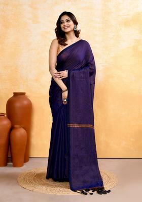 Navy Blue Handloom Tissue Saree Set