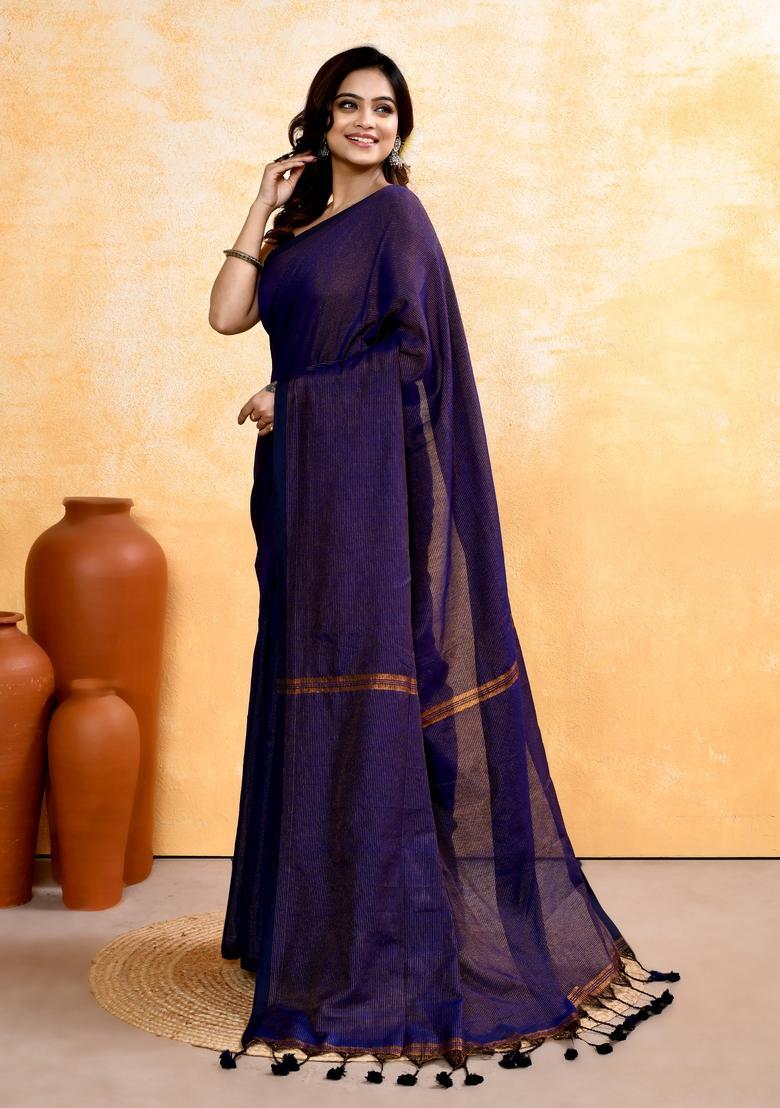 Navy Blue Handloom Tissue Saree Set - Indya