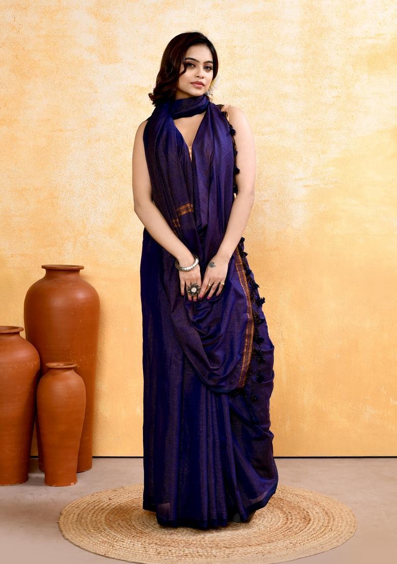 Navy Blue Handloom Tissue Saree Set - Indya