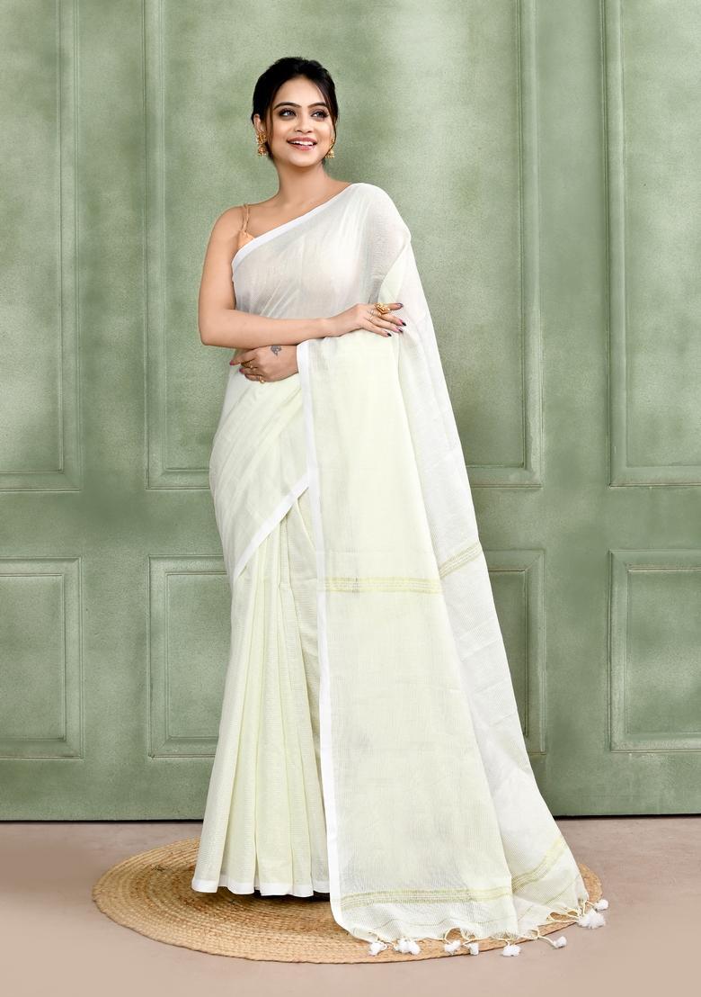 White Handloom Tissue Saree Set - Indya
