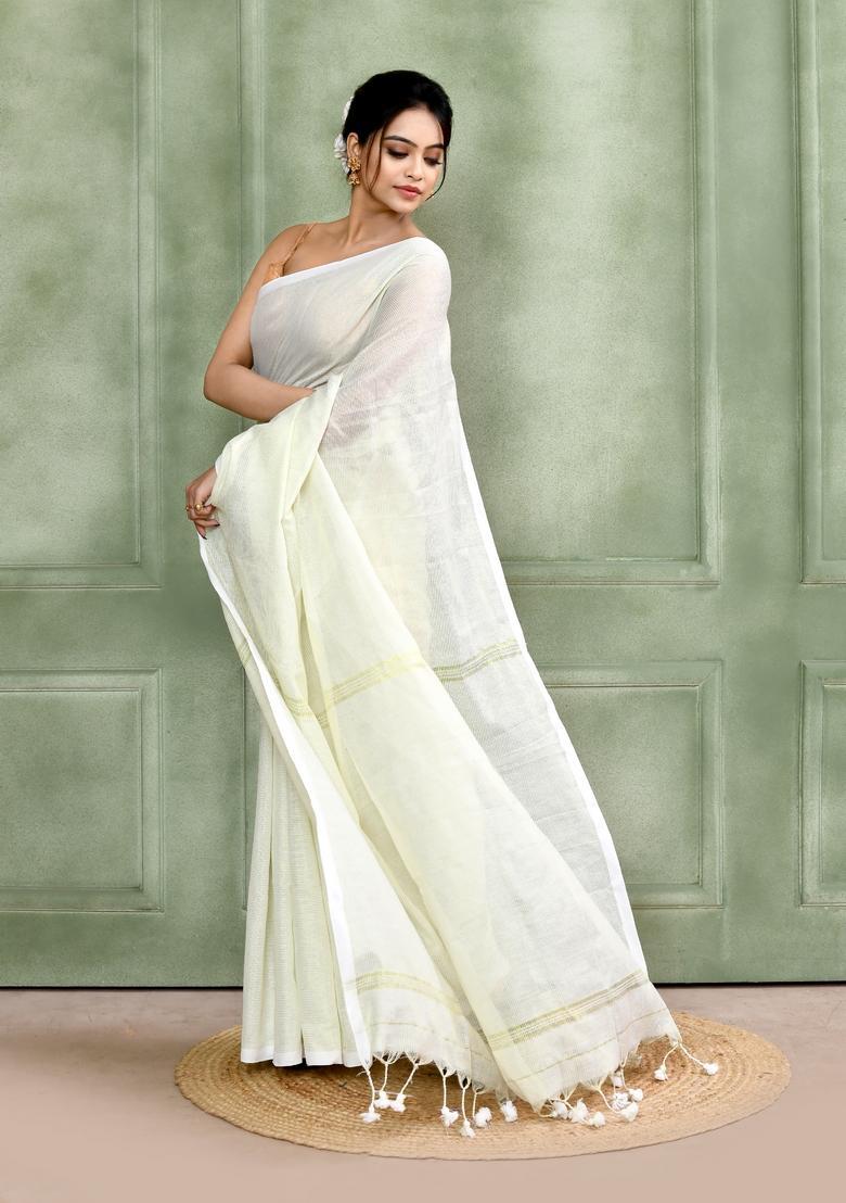White Handloom Tissue Saree Set - Indya