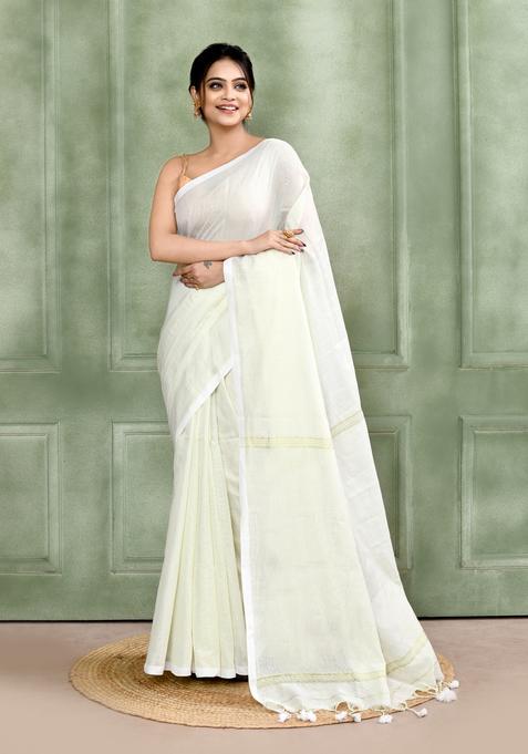 White Handloom Tissue Saree Set