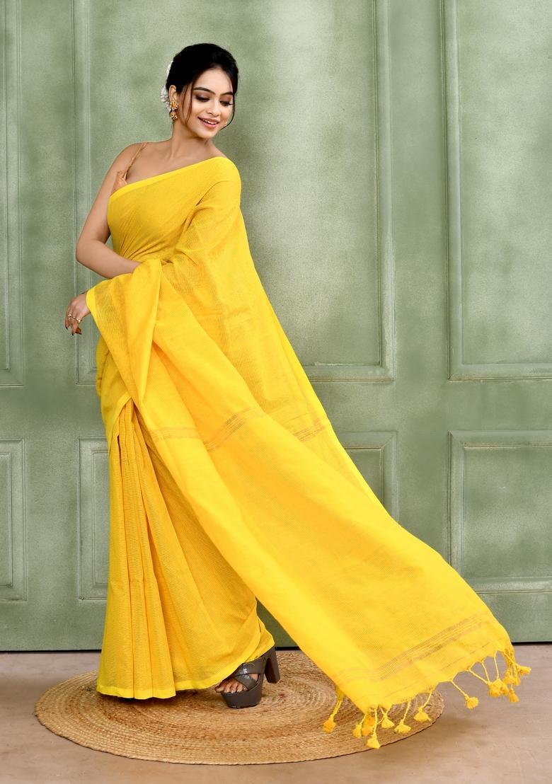 Yellow Handloom Tissue Saree Set - Indya
