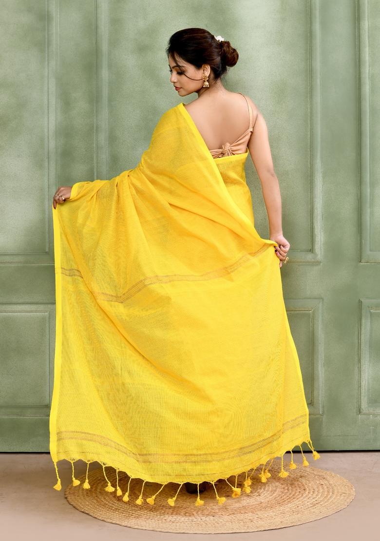 Yellow Handloom Tissue Saree Set - Indya