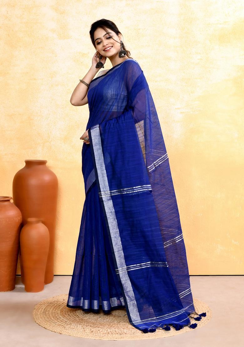 Royal Blue Handloom Tissue Saree Set - Indya