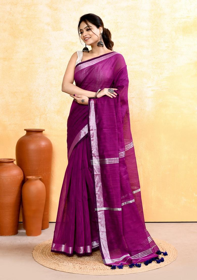 Magenta Handloom Tissue Saree Set - Indya
