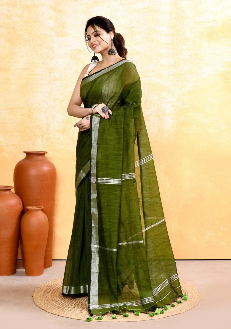 Green Handloom Tissue Saree Set - Indya