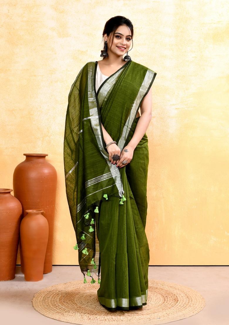 Green Handloom Tissue Saree Set - Indya