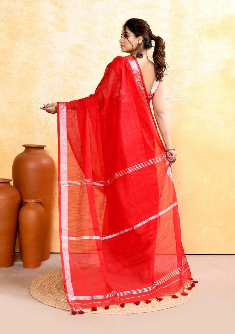 Red Handloom Tissue Saree Set - Indya