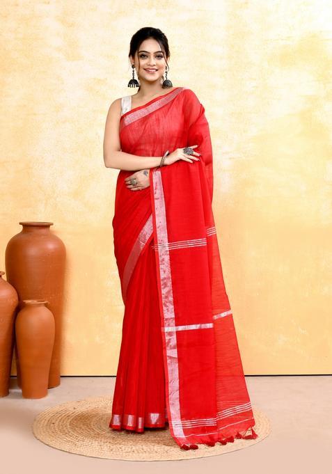 Red Handloom Tissue Saree Set