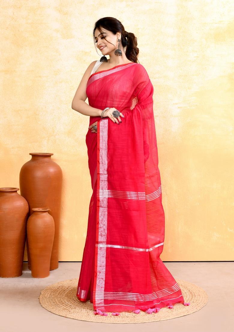 Rani Pink Handloom Tissue Saree Set - Indya
