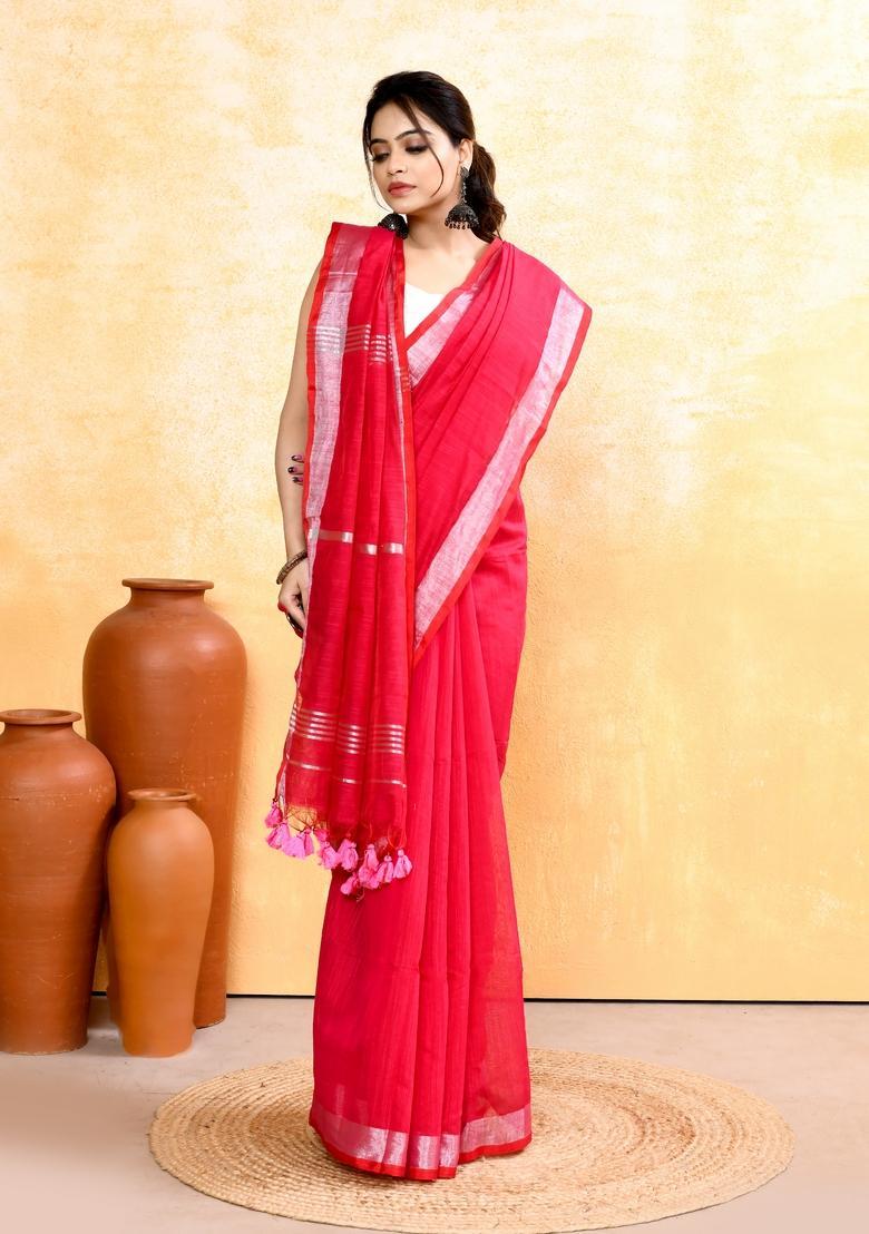 Rani Pink Handloom Tissue Saree Set - Indya