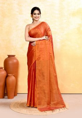 Rust Handloom Tissue Saree Set