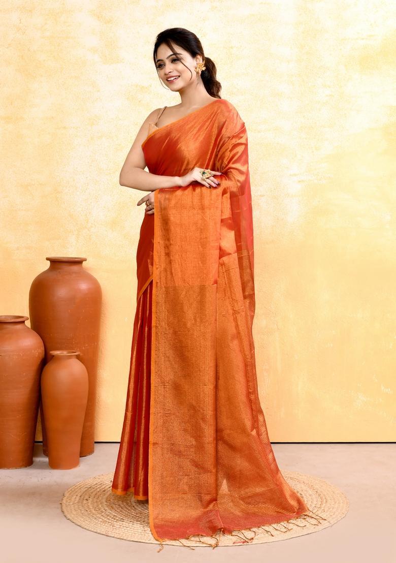 Rust Handloom Tissue Saree Set - Indya