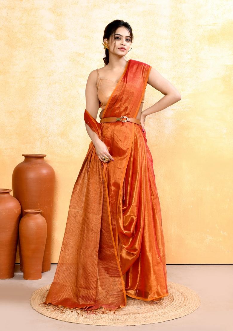 Rust Handloom Tissue Saree Set - Indya