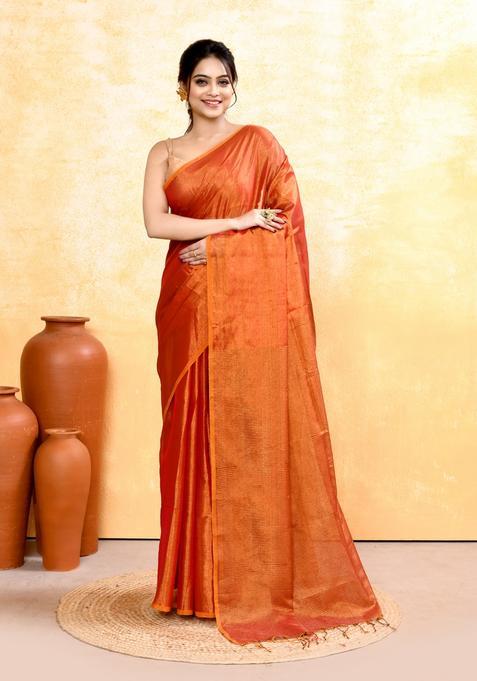 Rust Handloom Tissue Saree Set