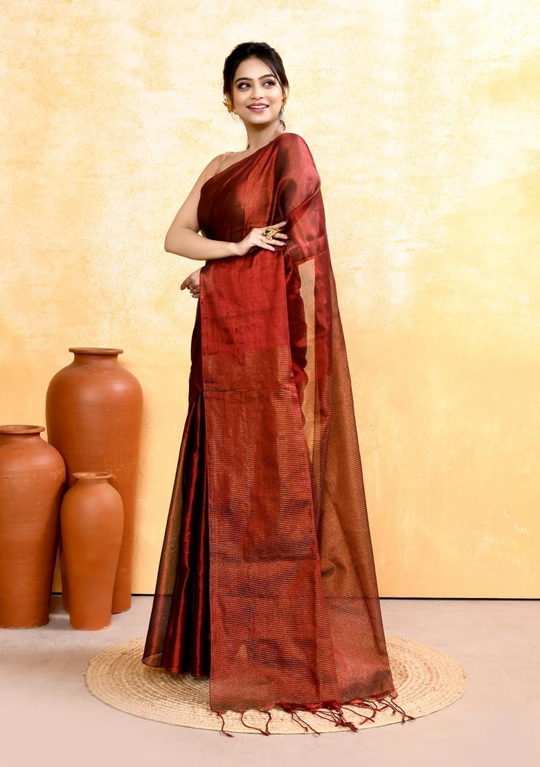 Maroon Handloom Tissue Saree Set - Indya