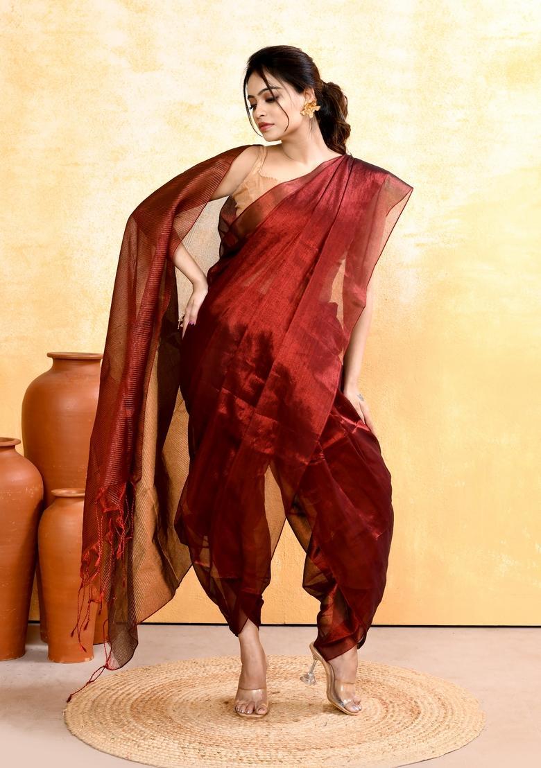 Maroon Handloom Tissue Saree Set - Indya