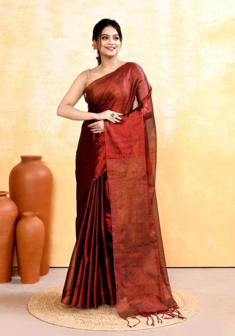 Maroon Handloom Tissue Saree Set
